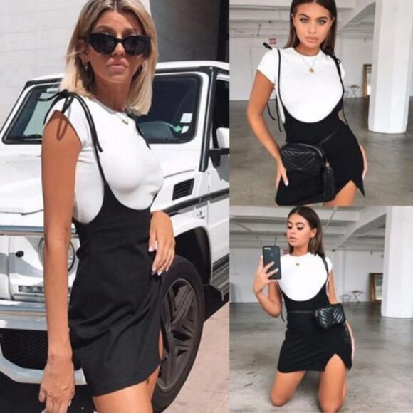 PLT size 6 high waist dungaree overall style tie straps side slit mini skirt - Picture 10 of 10